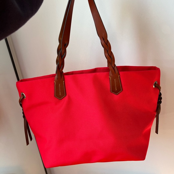 Dooney & Bourke Red Canvas Tote • Brown Leather Trim • Large Shoulder Bag - Picture 3 of 12